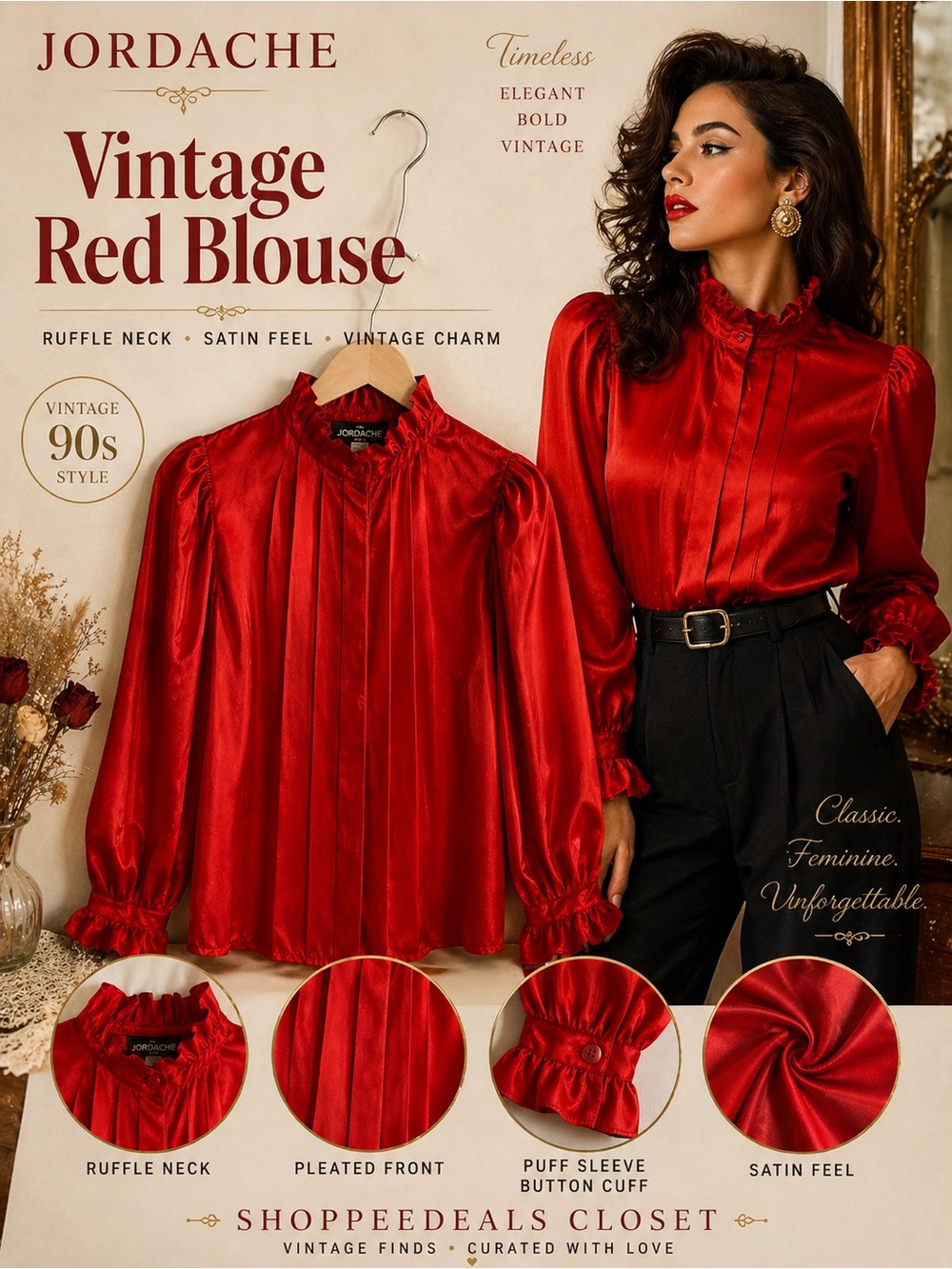 JORDACHE Vintage Red Satin High Neck Blouse RN 62050